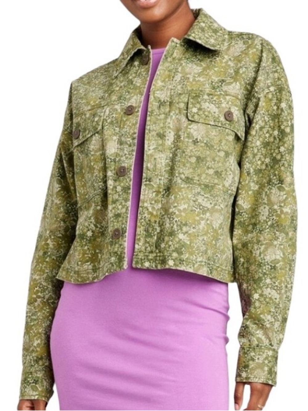 Wild Fable Olive Green floral printed Cropped Jacket